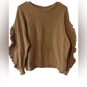 A new day tan beige crewneck ruffle sleeve trim pullover soft sweater
